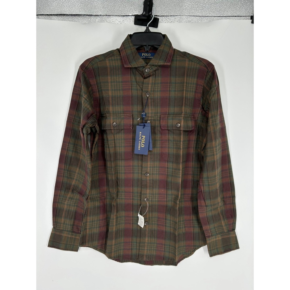 Polo Ralph Lauren Button Up Shirt Mens Small Red Green Plaid Flannel Two Pockets